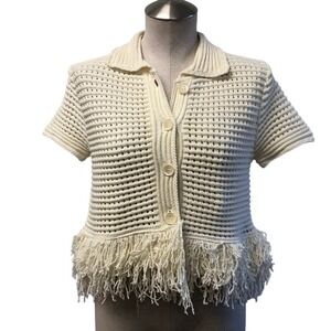Zara Cardigan Women S Women Cream Crochet Knit Fringe Short Sleeve Polo Collar